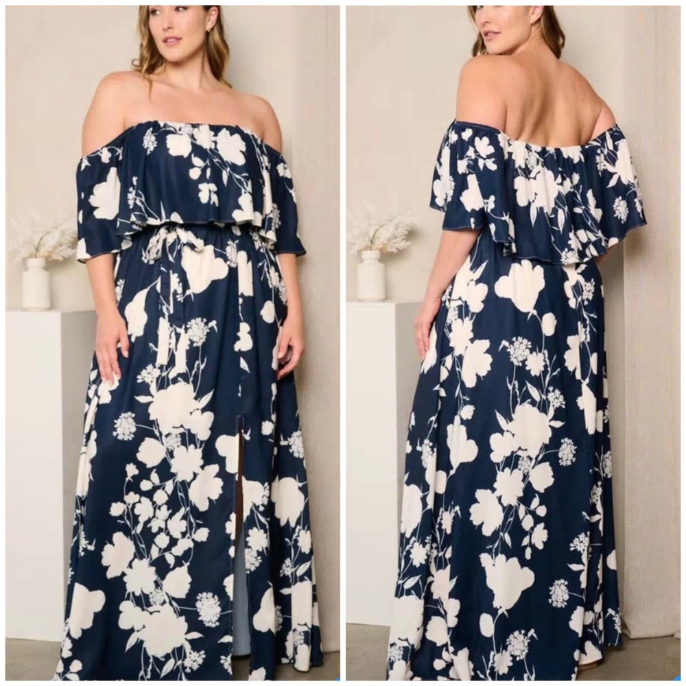 Navy & white floral off shoulder dress